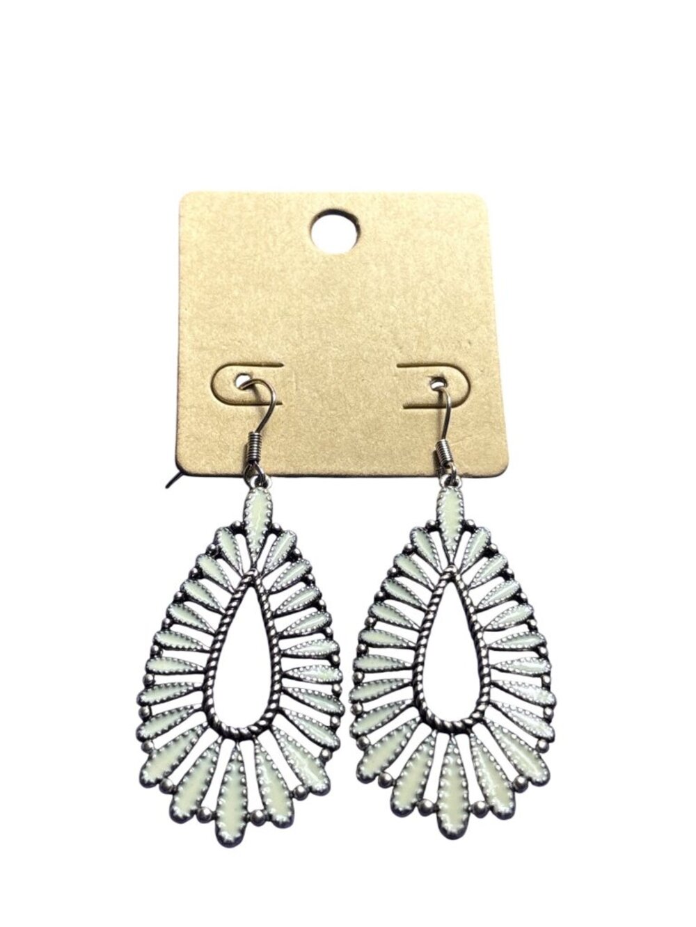 Boho Southwestern Dangle Earrings Silvertone Cream Enamel 2 inches New